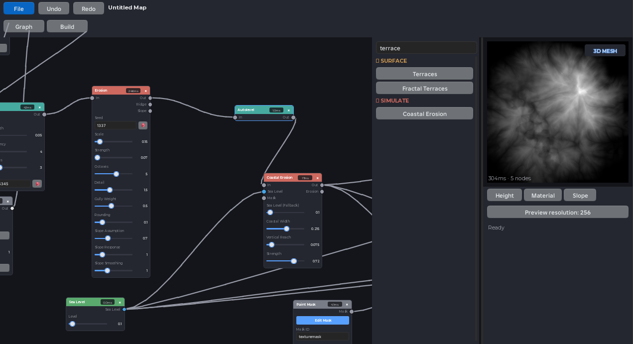 Atlas Studio graph workspace with terrain nodes and a live preview