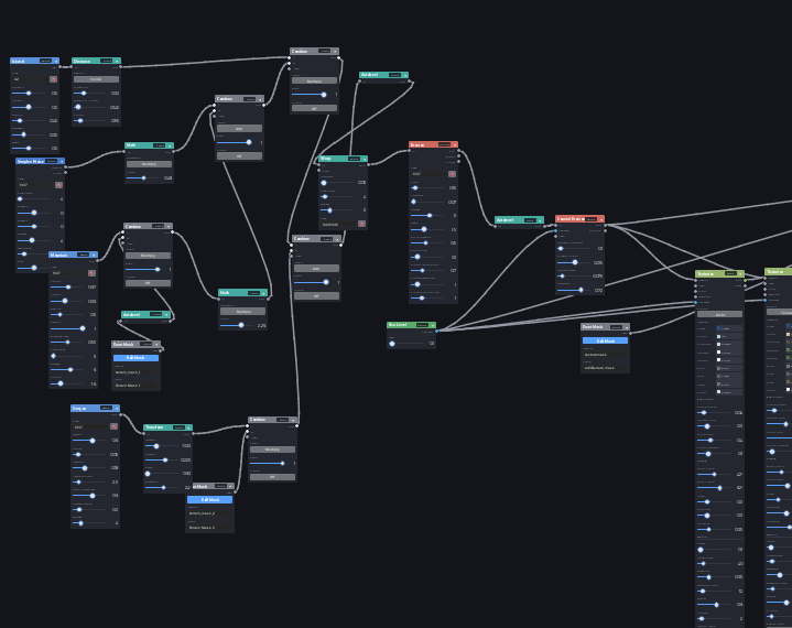 A complete Atlas Studio terrain graph with connected generator, erosion, mask, material, and output nodes
