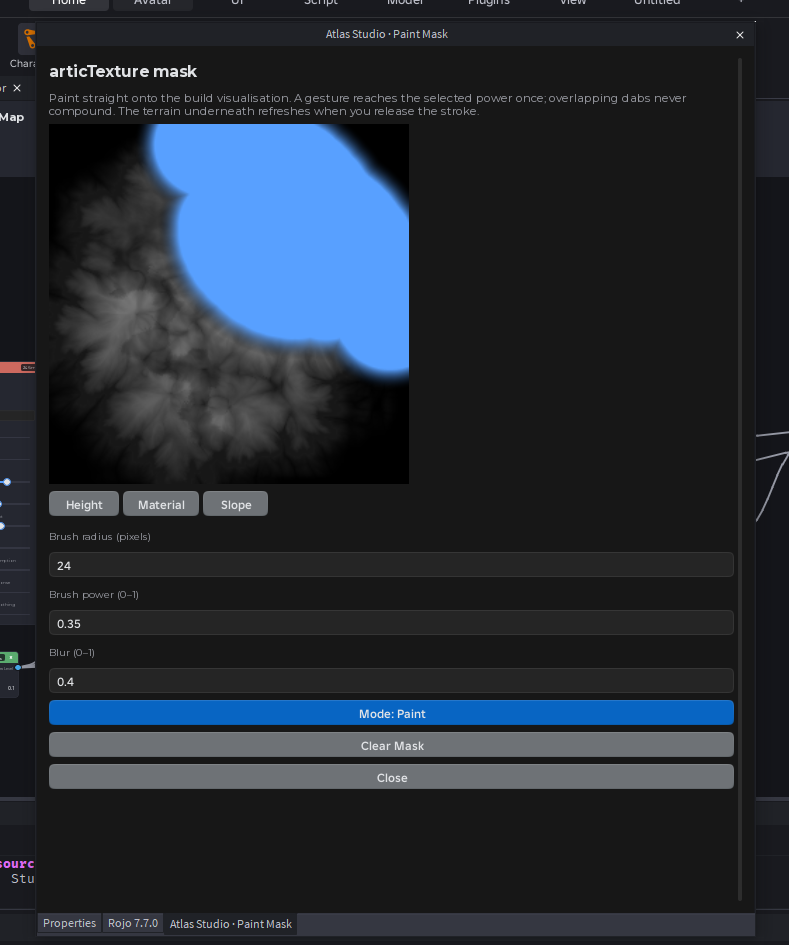 Atlas Studio Paint Mask window showing a blue painted region over a terrain height preview